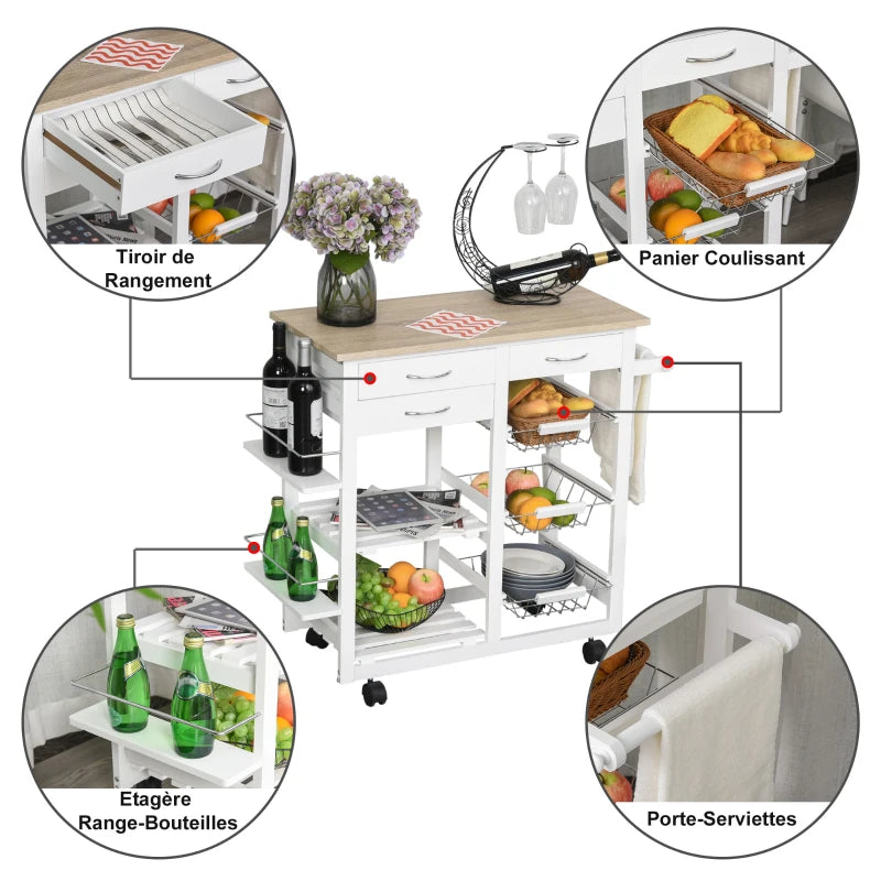 Desserte Chariot Cuisine Multi-Rangements - Chêne Clair & Pin Blanc