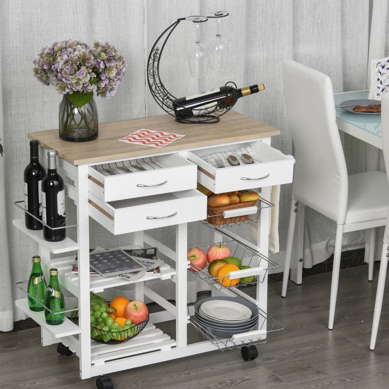 Desserte Chariot Cuisine Multi-Rangements - Chêne Clair & Pin Blanc