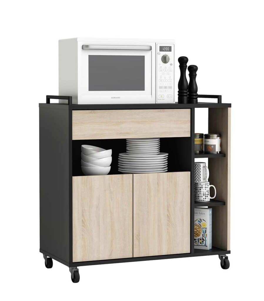 Desserte Micro-Ondes INDUS – 2 Portes, 4 Niches, 1 Tablette – Chêne et Noir