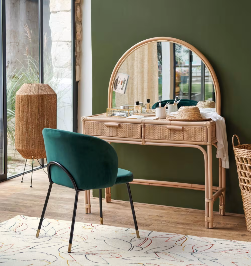 Coiffeuse 2 Tiroirs et Cannage en Rotin