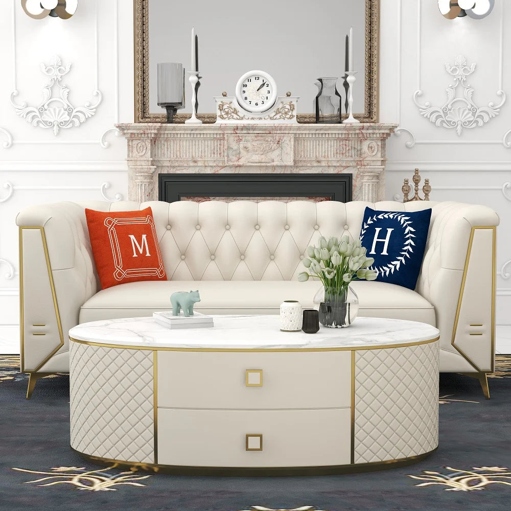 Table Basse Ovale - Faux Marbre Blanc