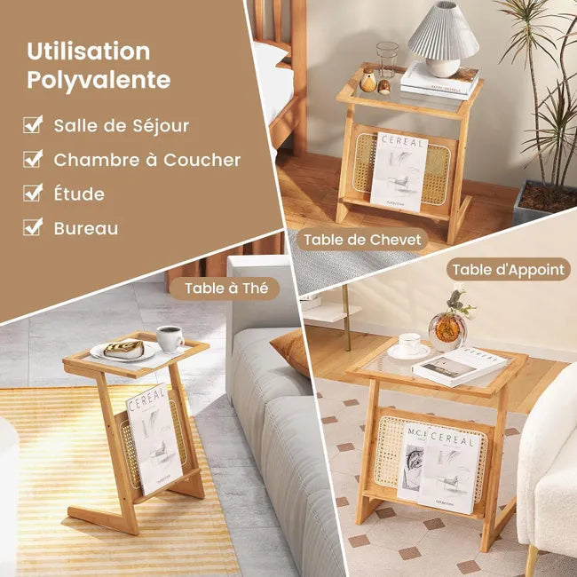 Table d’Appoint Bohême avec Porte-Revues en Rotin