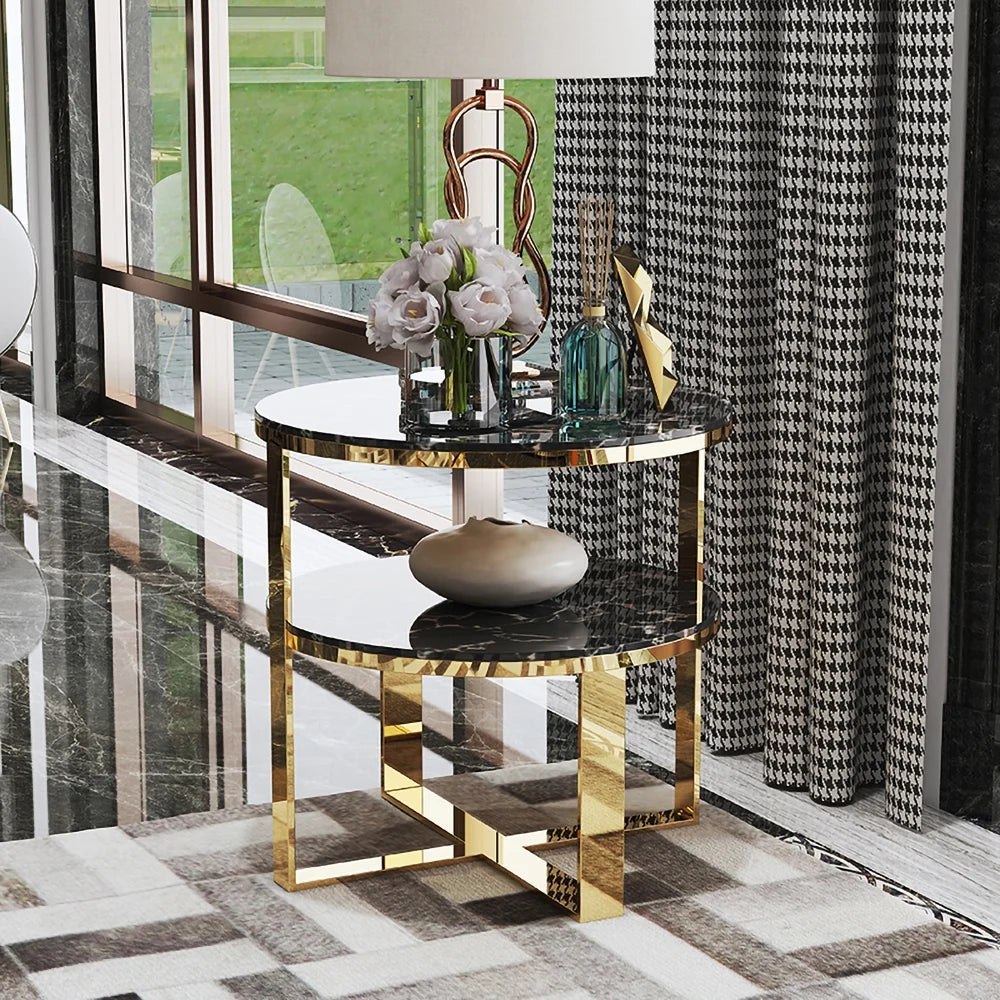 Table de Chevet Ronde en Marbre Noir Doré