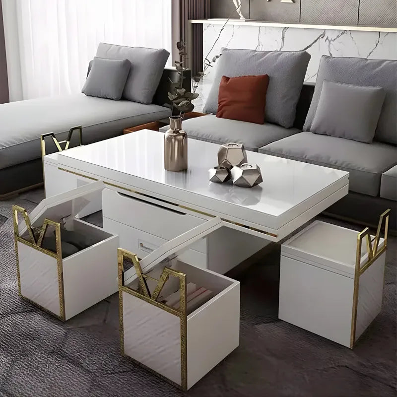 Table Basse Moderne avec Rangement et Tabourets Extensible - Blanc