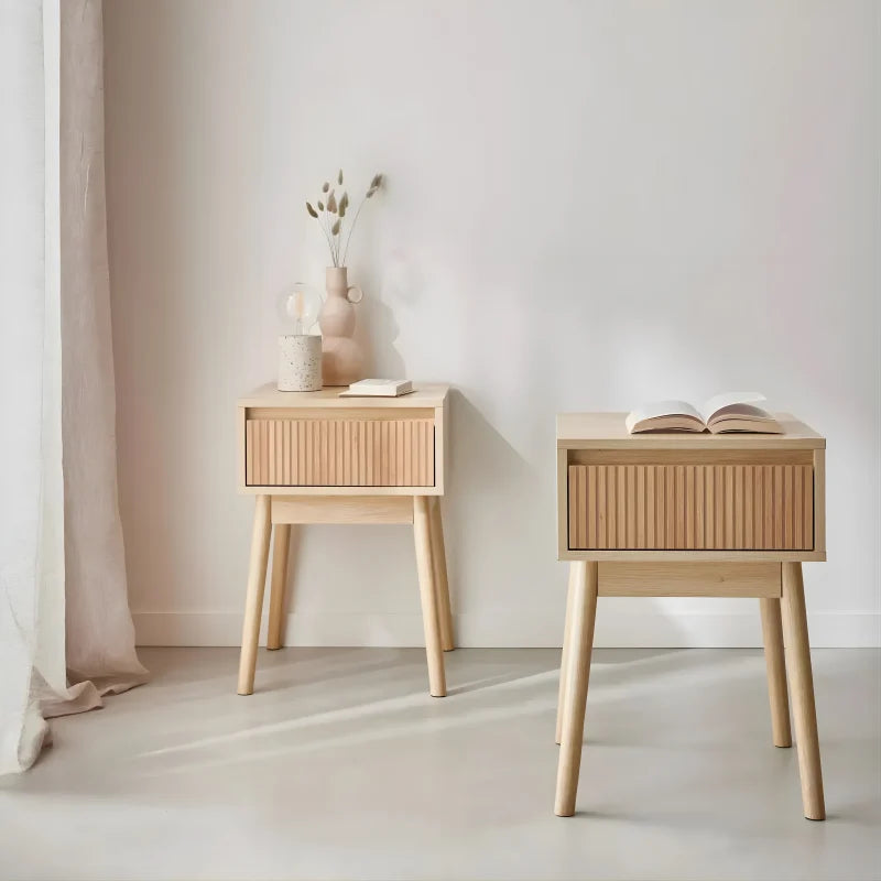Table de Chevet avec un Tiroir (lot de 2) - Bois de Pin Clair