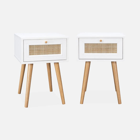 Lot de 2 Tables de Chevet Effet Bois et Cannage - Blanc