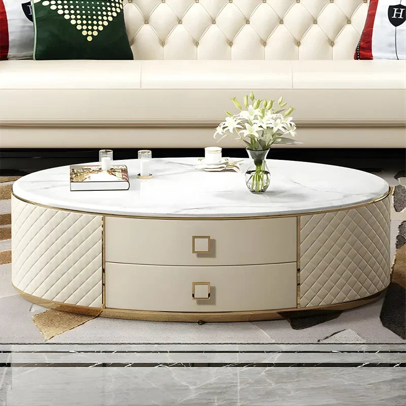 Table Basse Ovale - Faux Marbre Blanc