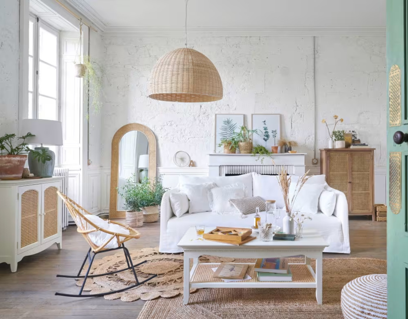 Buffet Enfilade 2 Portes en Cannage Blanc Cassé