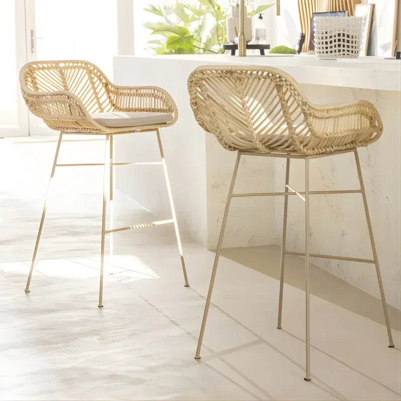 Lot de 2 Tabourets de Bar en Rotin - Pieds Beiges