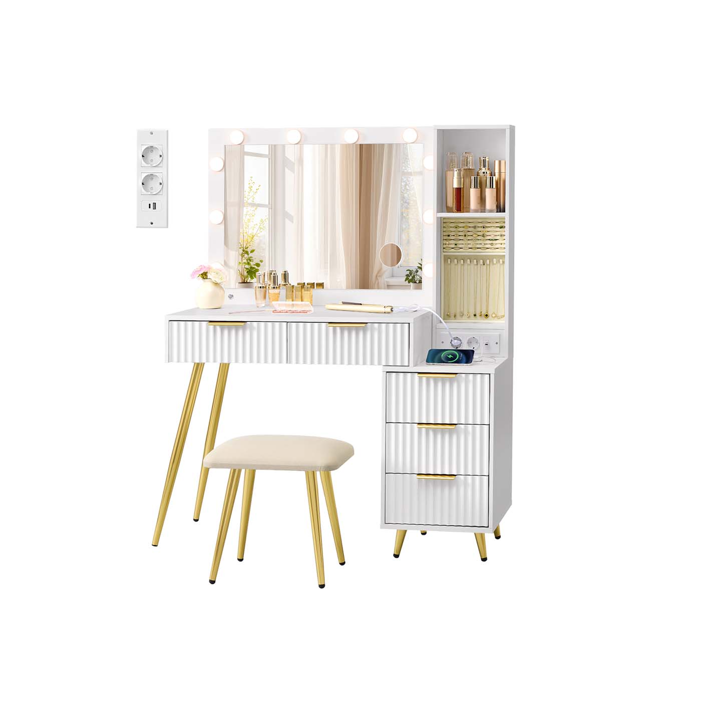 Coiffeuse avec miroir LED tabouret et tiroirs pour maquillage pratique