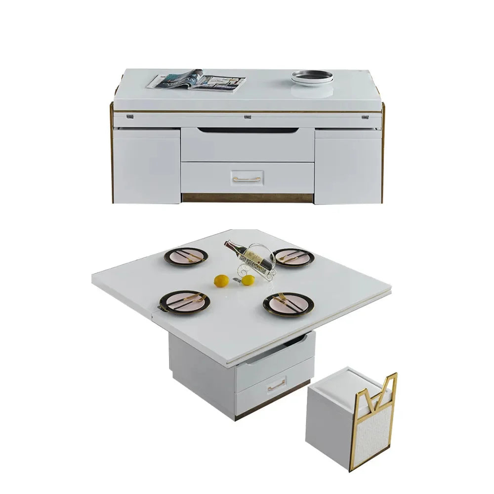 Table Basse Moderne avec Rangement et Tabourets Extensible - Blanc