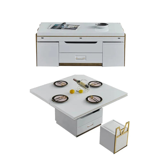 Table Basse Moderne avec Rangement et Tabourets Extensible - Blanc