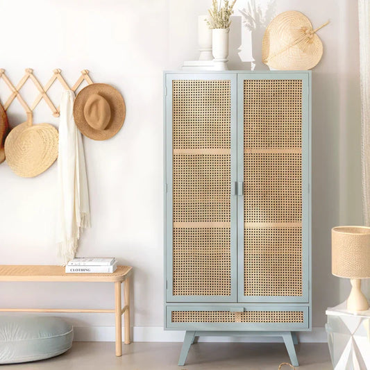 Armoire avec Tiroir en Bois & Portes en Rotin