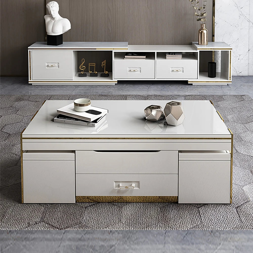 Table Basse Moderne avec Rangement et Tabourets Extensible - Blanc