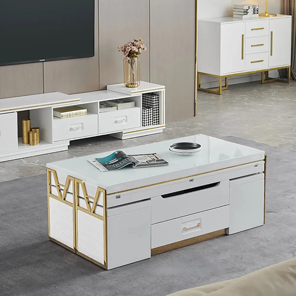 Table Basse Moderne avec Rangement et Tabourets Extensible - Blanc