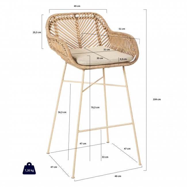 Lot de 2 Tabourets de Bar en Rotin - Pieds Beiges