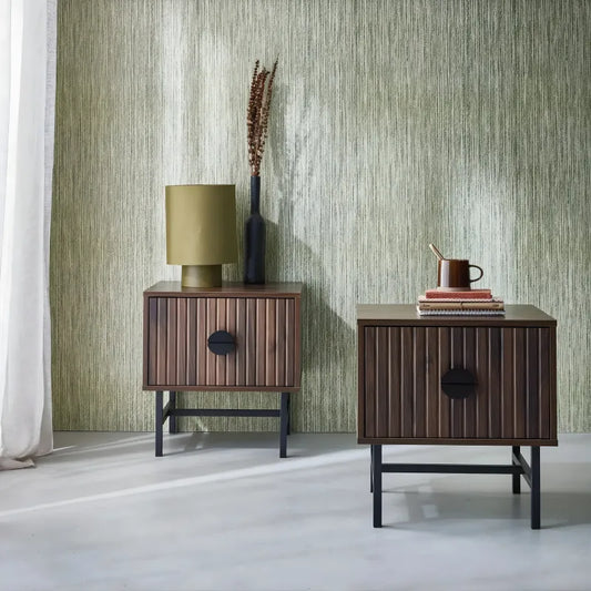 Lot de 2 Table de Chevet - Effet Bois Rainuré - Foncé