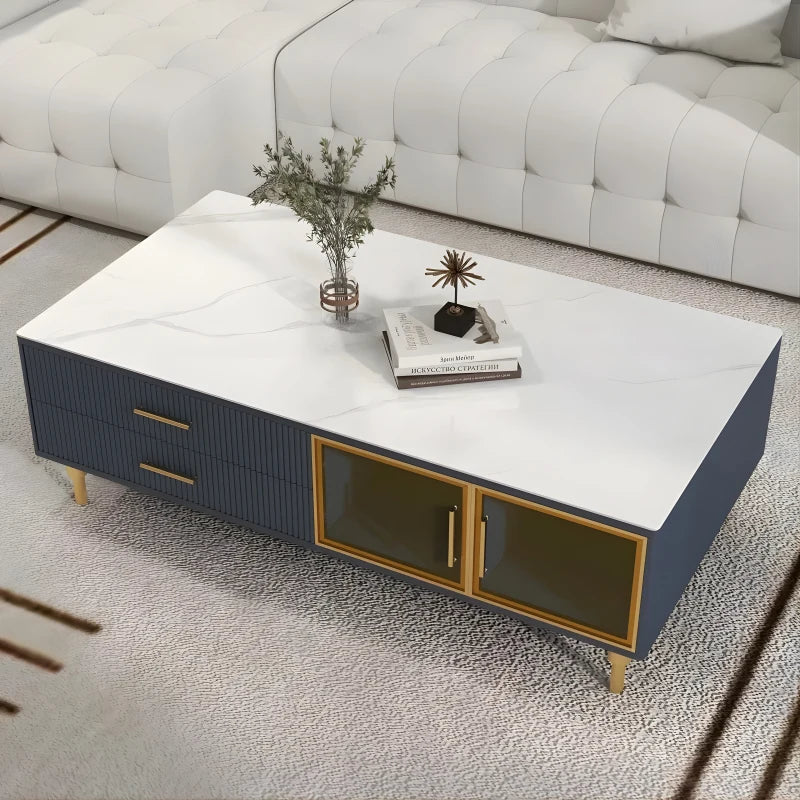 Table Basse Bleue Moderne - Avec 2 Portes Vitrées