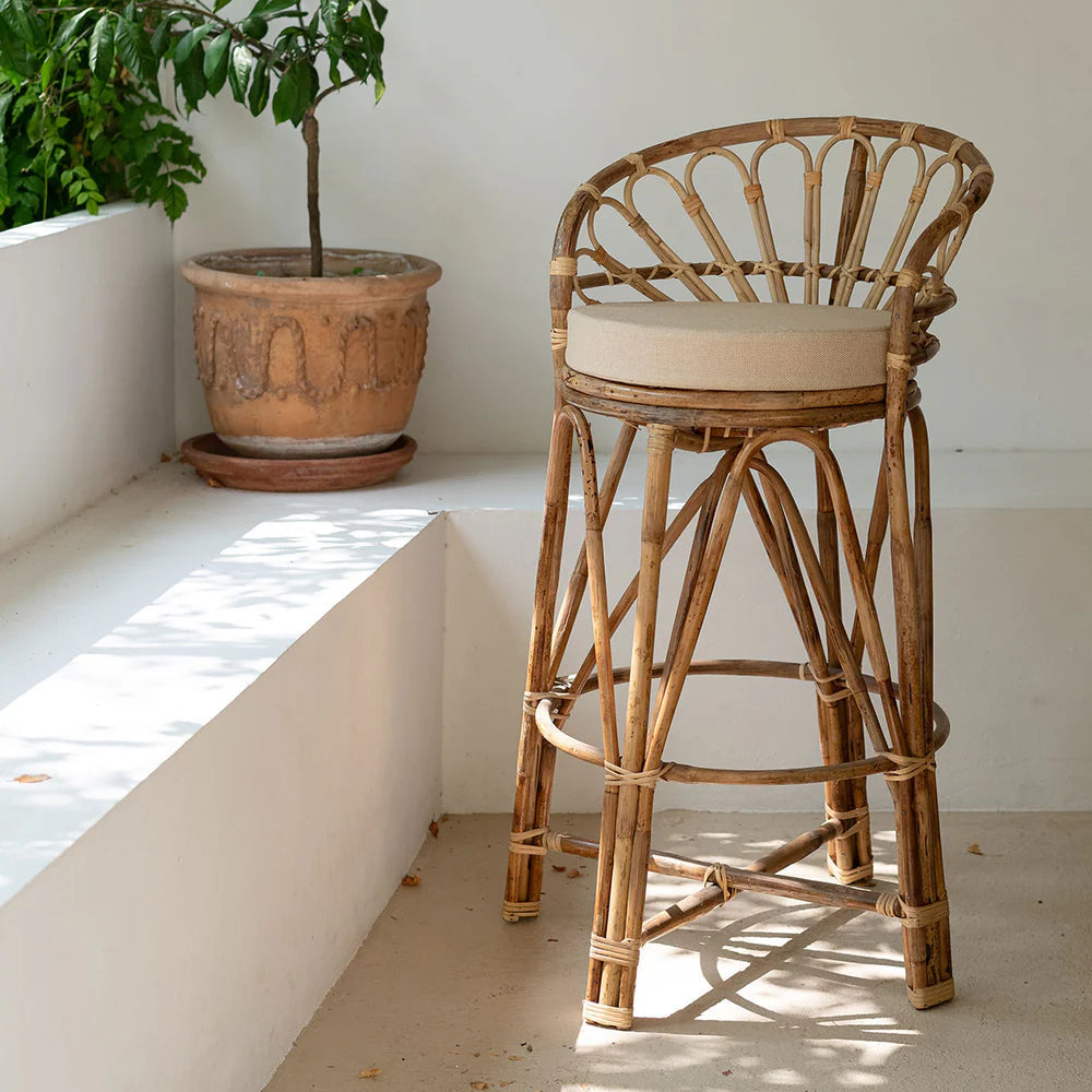 Tabouret de Bar en Rotin Naturel avec Coussin en Coton